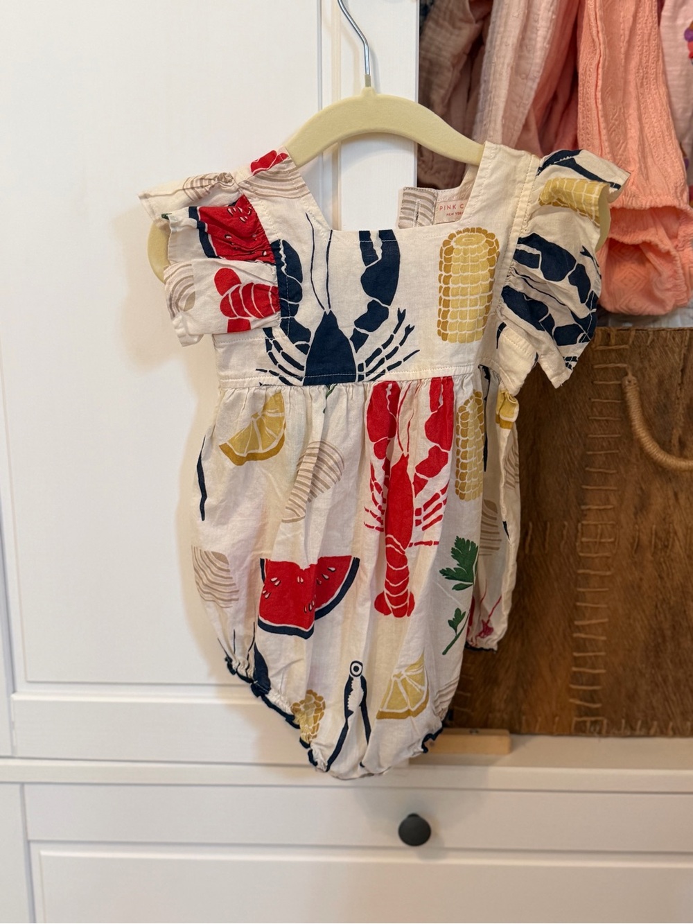 Pink Chicken Cream Nautical Lobster & Watermelon Print Baby One-Piece